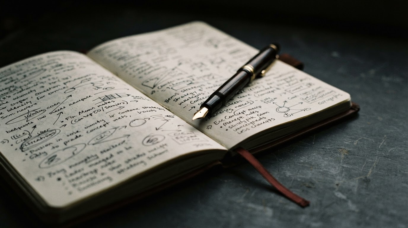 Close-up of handwriting and a fountain pen on cream paper
