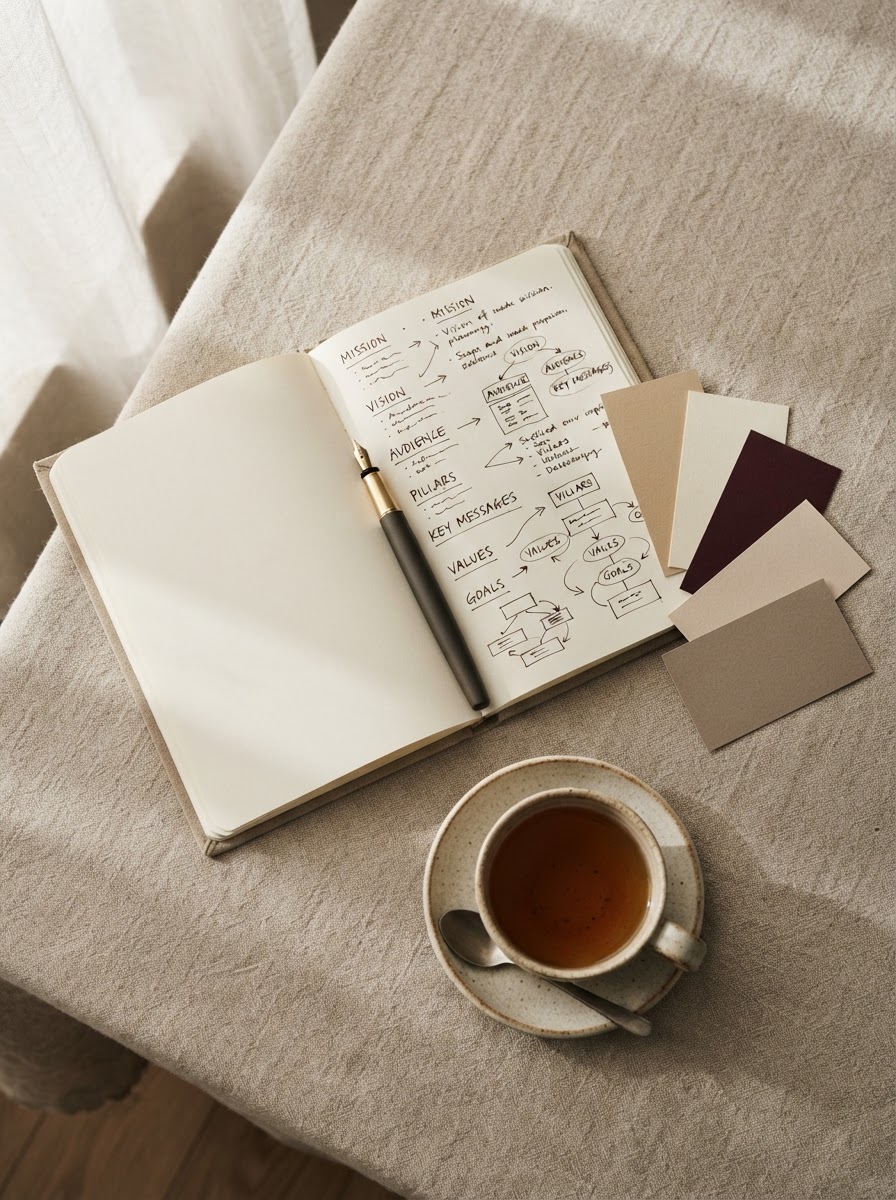 An open notebook with handwritten brand strategy notes, a fountain pen and colour swatches