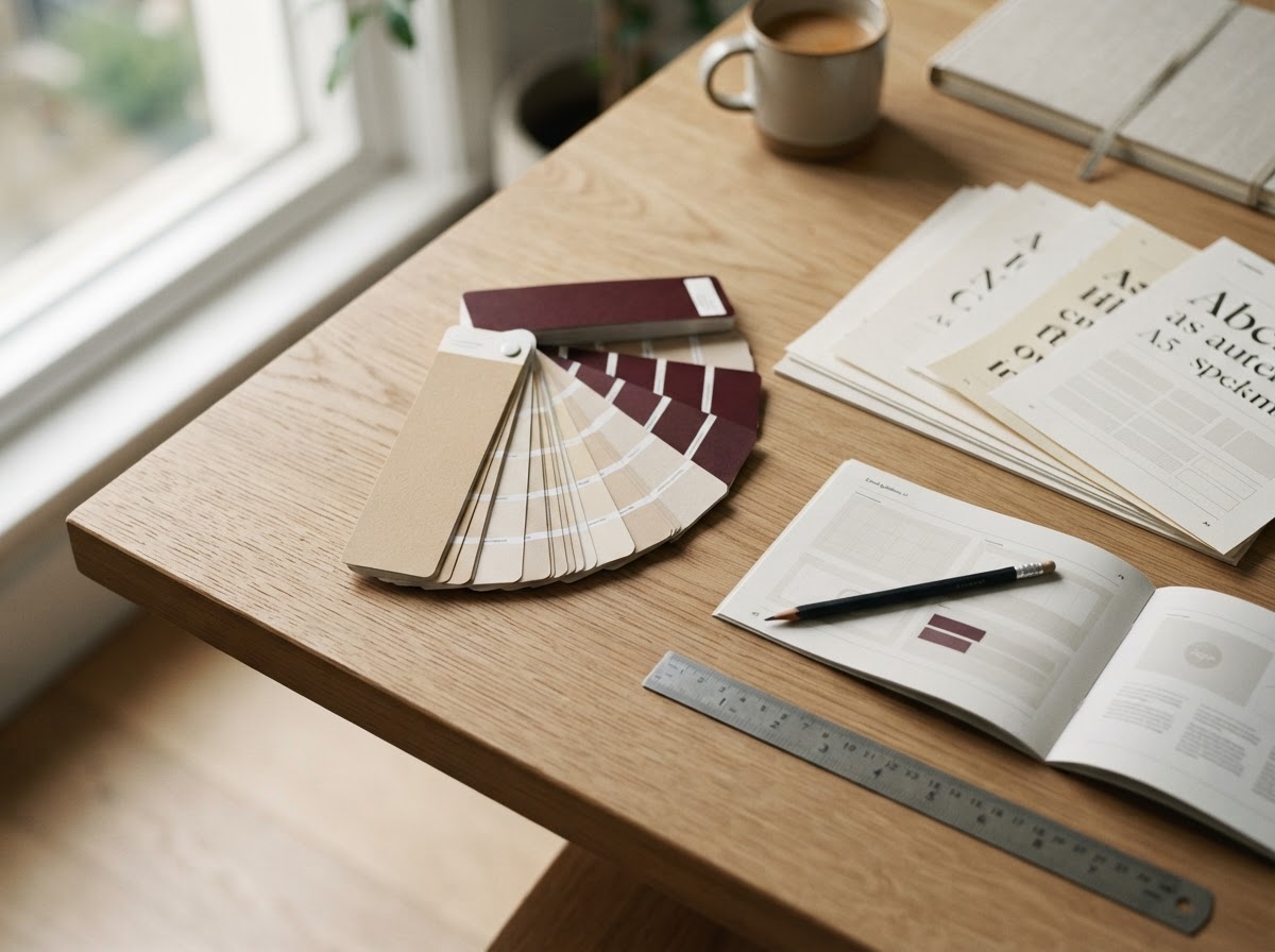 A colour-swatch fan in warm sand and burgundy with typographic specimen sheets and an open brand guidelines booklet