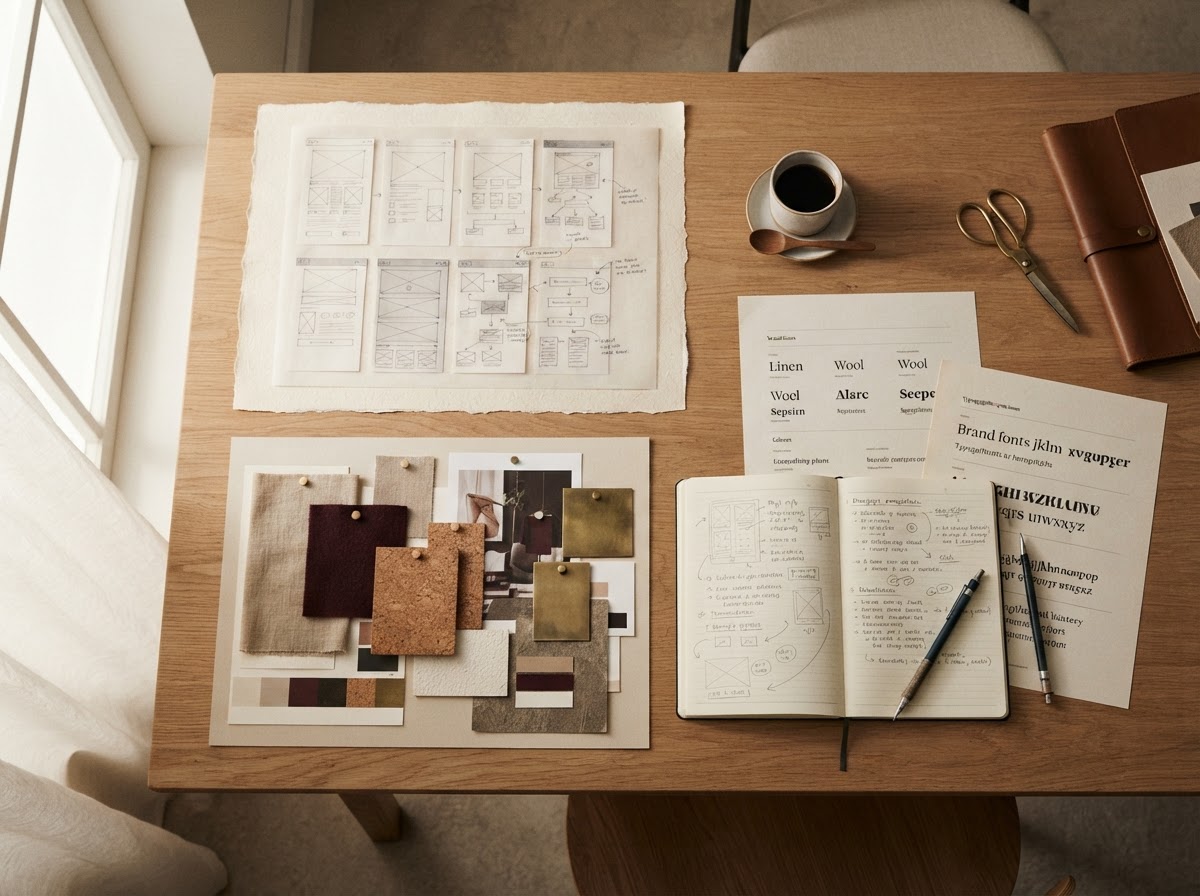 Layout sketches, a moodboard with warm neutral and burgundy swatches, and a planning notebook