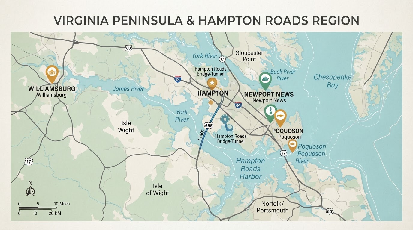Map illustration of the Virginia Peninsula and Hampton Roads region served by Junk R Us Inc.
