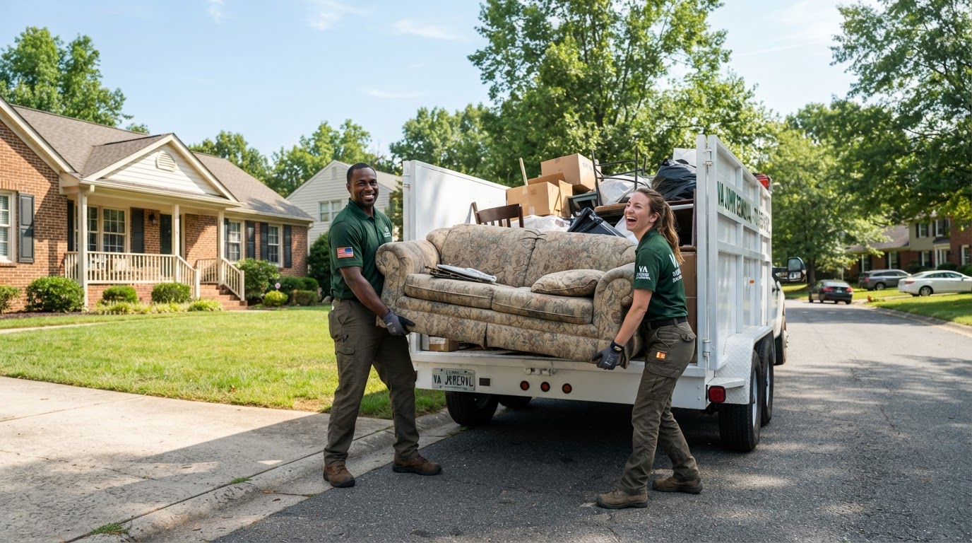 Junk R Us Inc. crew loading unwanted furniture and junk into a dump trailer