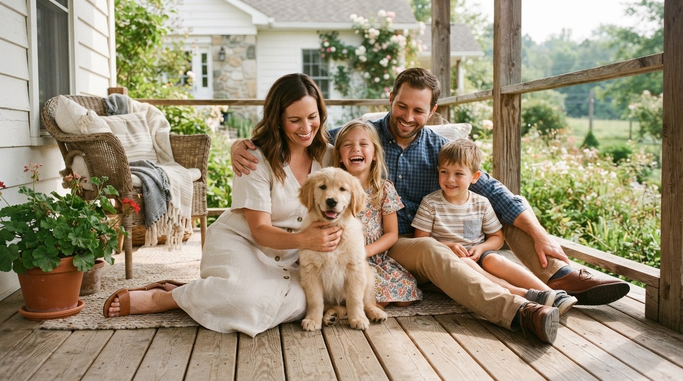 Healthy, ethically raised puppy relaxing with loving family