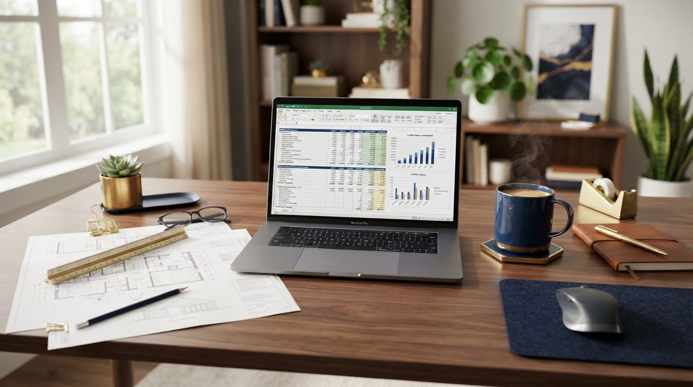 A small business owner's desk with a funding request and renovation plans