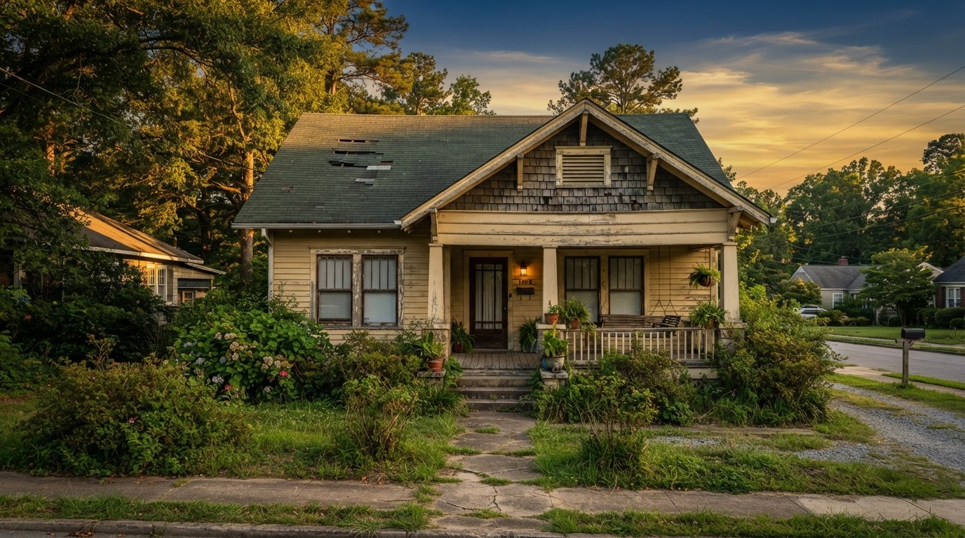A craftsman-style Fayetteville home needing minor exterior repairs at golden hour