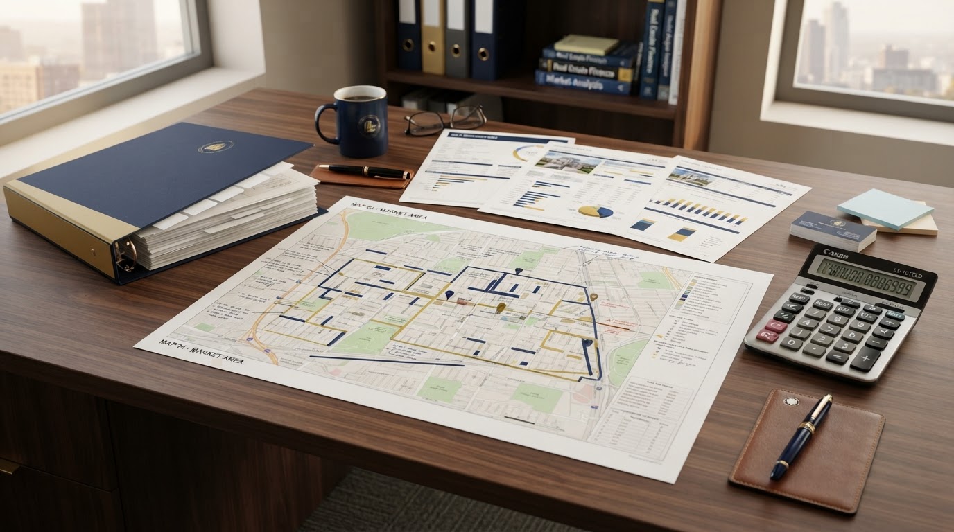 A real estate investor's workspace with a neighborhood map and buy-box binder