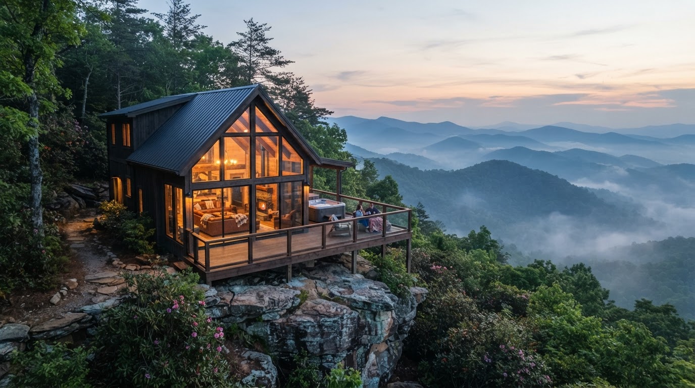 Cliffside cabin perched on a stone ledge overlooking misty Blue Ridge ridges at dawn