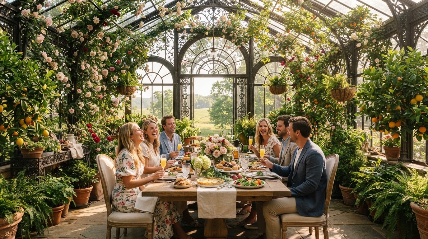 Iron-and-glass greenhouse conservatory wrapped in climbing roses for brunch