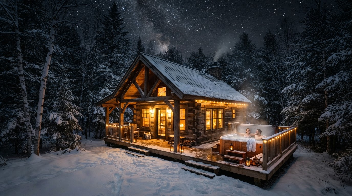 Forest cluster cabin glowing at night under a dark sky with cedar hot tub