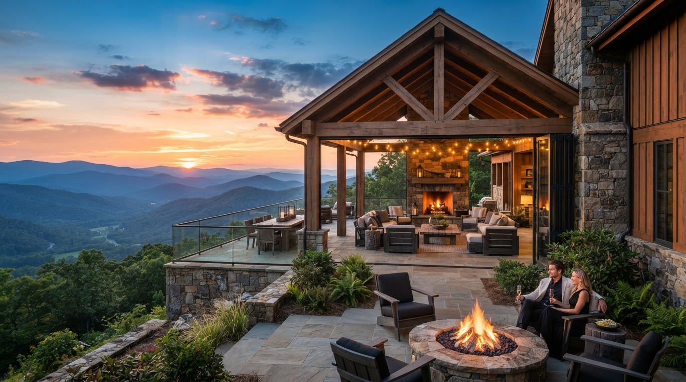 Open-air mountain lodge terrace overlooking layered Blue Ridge ridges at sunset