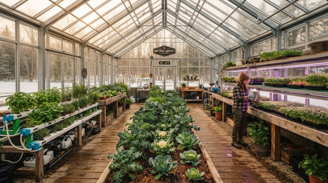 Great Lakes glasshouse interior with hydroponic herb beds and microgreens