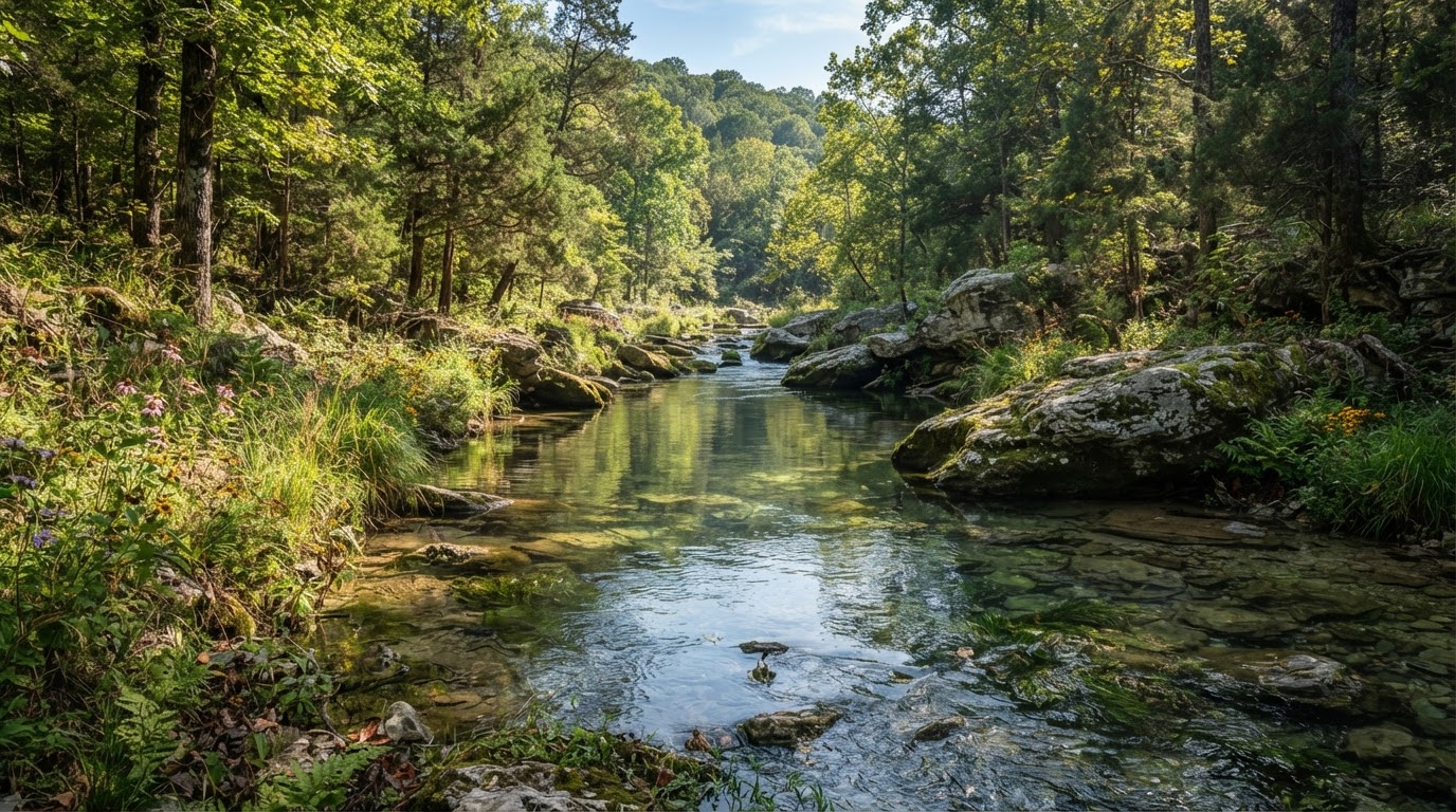 Crystal-clear spring-fed creek with limestone boulders and prairie grasses in the Ozarks