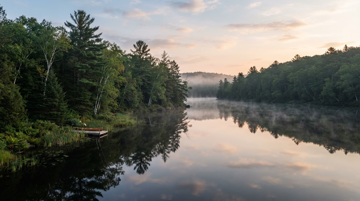 Private spring-fed lake at dawn surrounded by white pine and birch