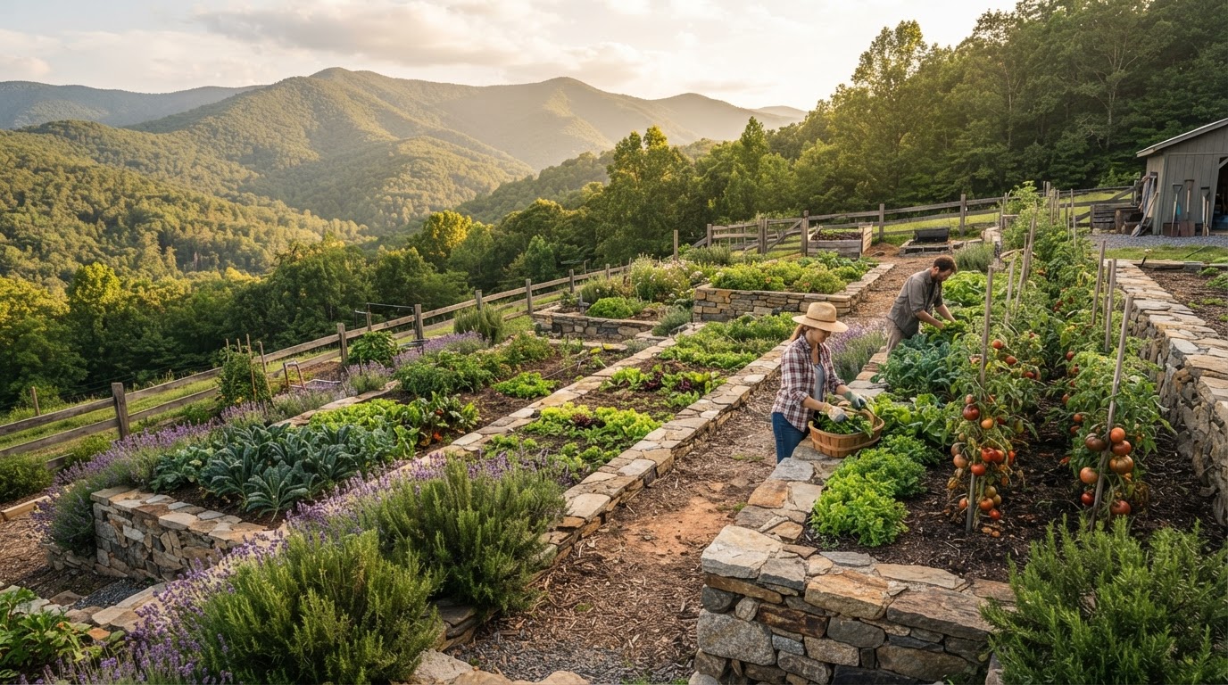 Terraced organic heirloom vegetable beds on a North Georgia mountainside