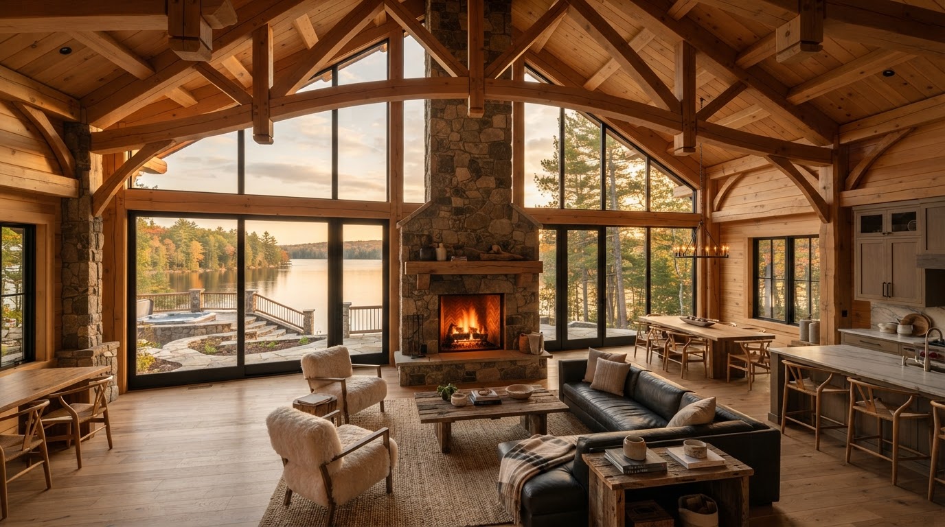 Timberline Grand Lodge interior with vaulted fir trusses overlooking the private lake