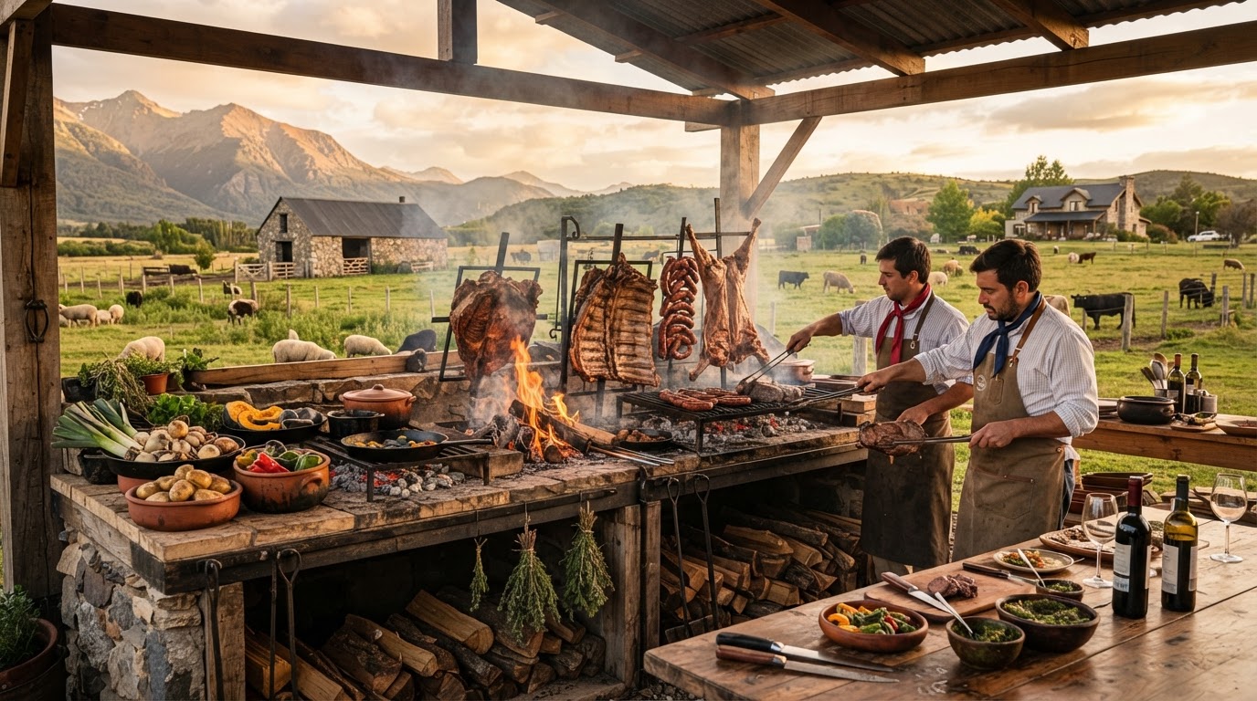 Live-fire asado pavilion roasting heritage meats and farm vegetables