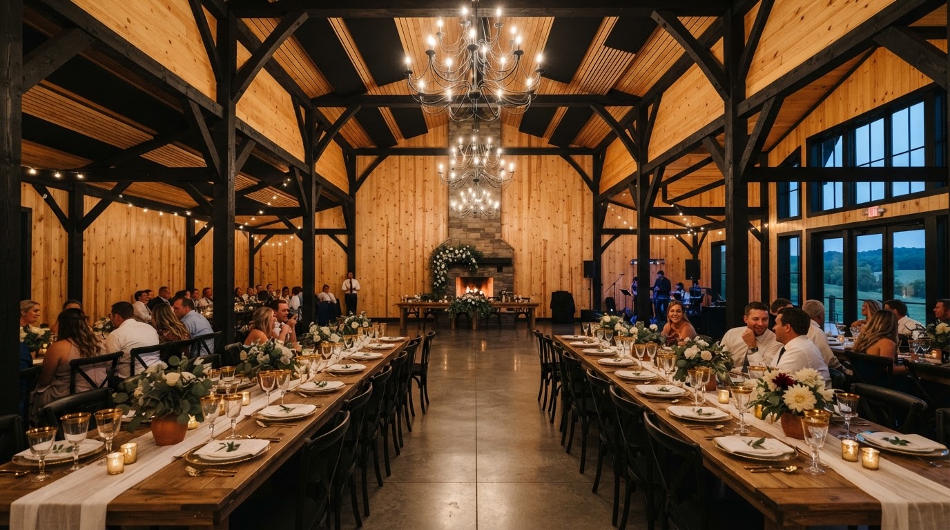 Grand black timber barn wedding venue with white oak interiors and iron chandeliers
