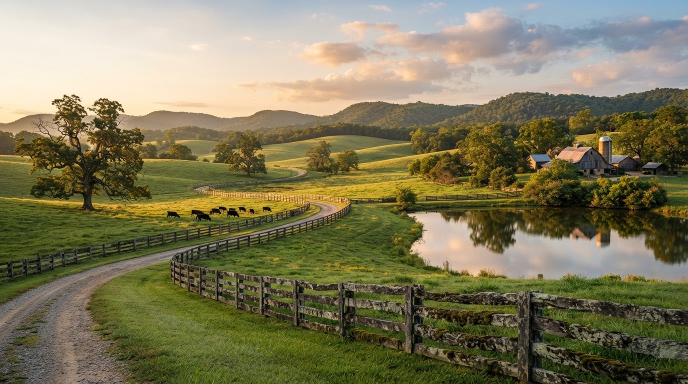 Rolling pastoral meadows with ancient burr oaks and limestone fences at golden hour