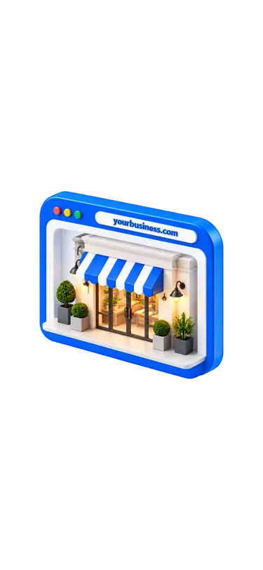 3D storefront inside a browser window with active booking and appointments