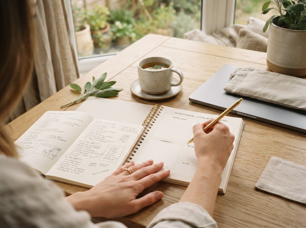 An open workbook, notebook and laptop styled for intentional planning