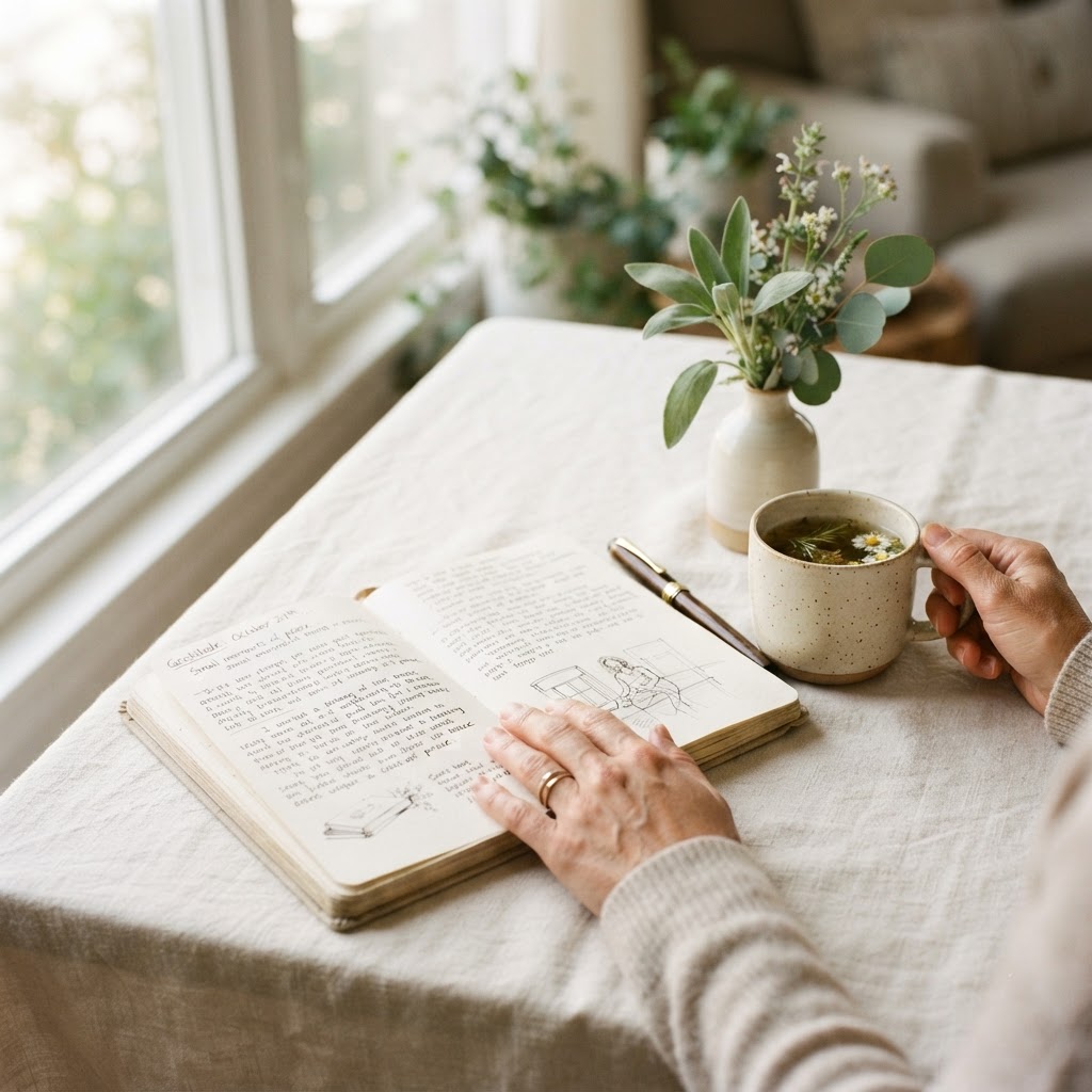 A woman's hands resting on an open journal beside herbal tea and fresh sage