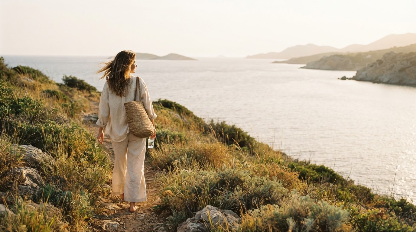 A woman walking peacefully along a sunlit coastal path in the early morning