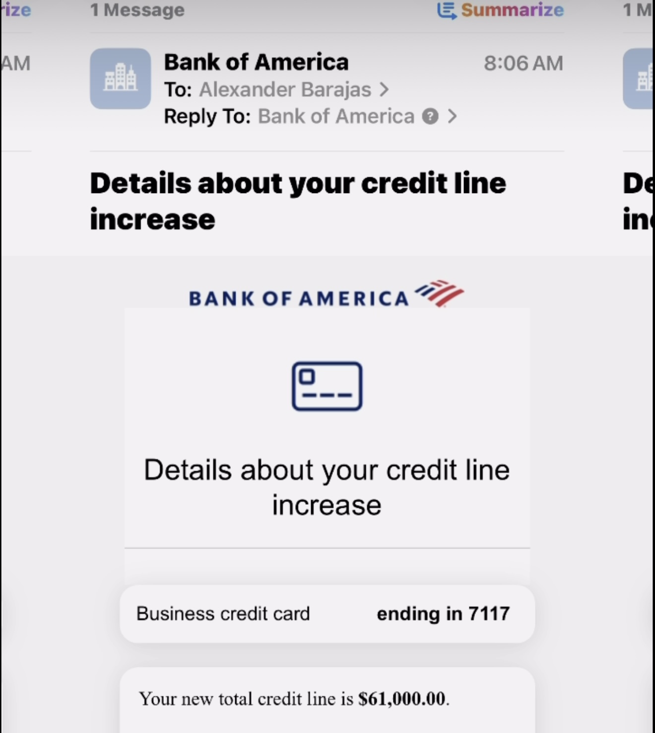 Bank of America Business - Nueva Línea Total: $61,000