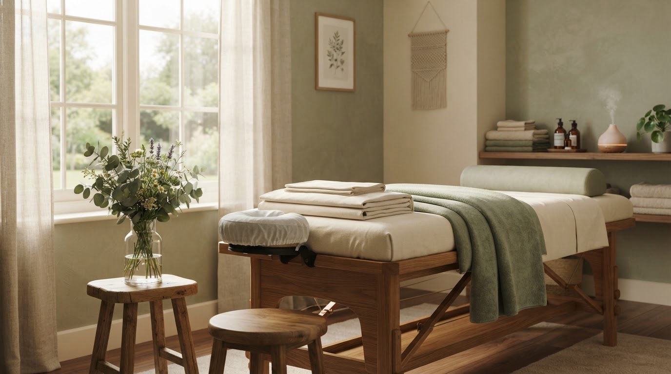 Tranquil massage therapy treatment room with warm natural light, sage green and cream tones