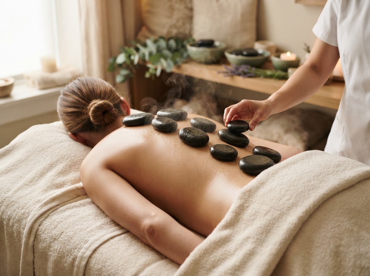 Hot stone massage with warm basalt stones on cream linen