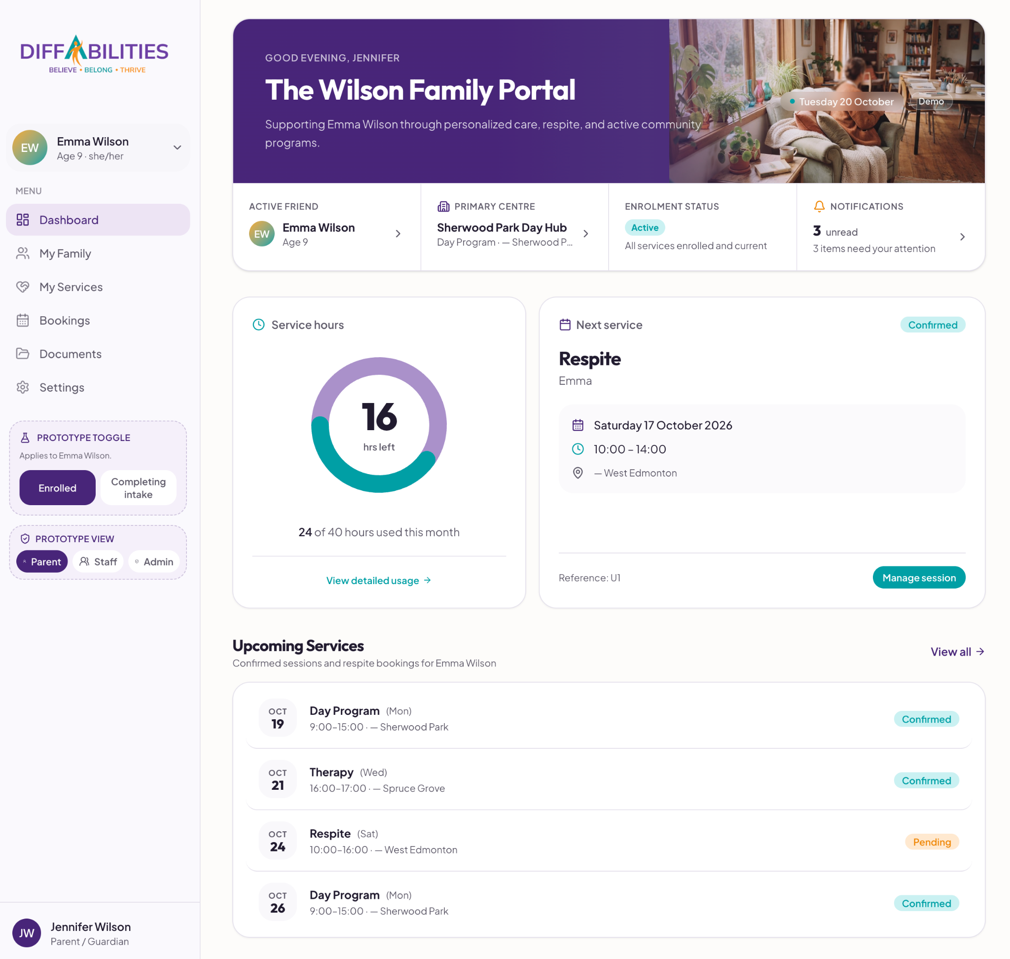 Diffabilities Wilson Family Portal interface showing service hours, upcoming respite bookings, and care coordination