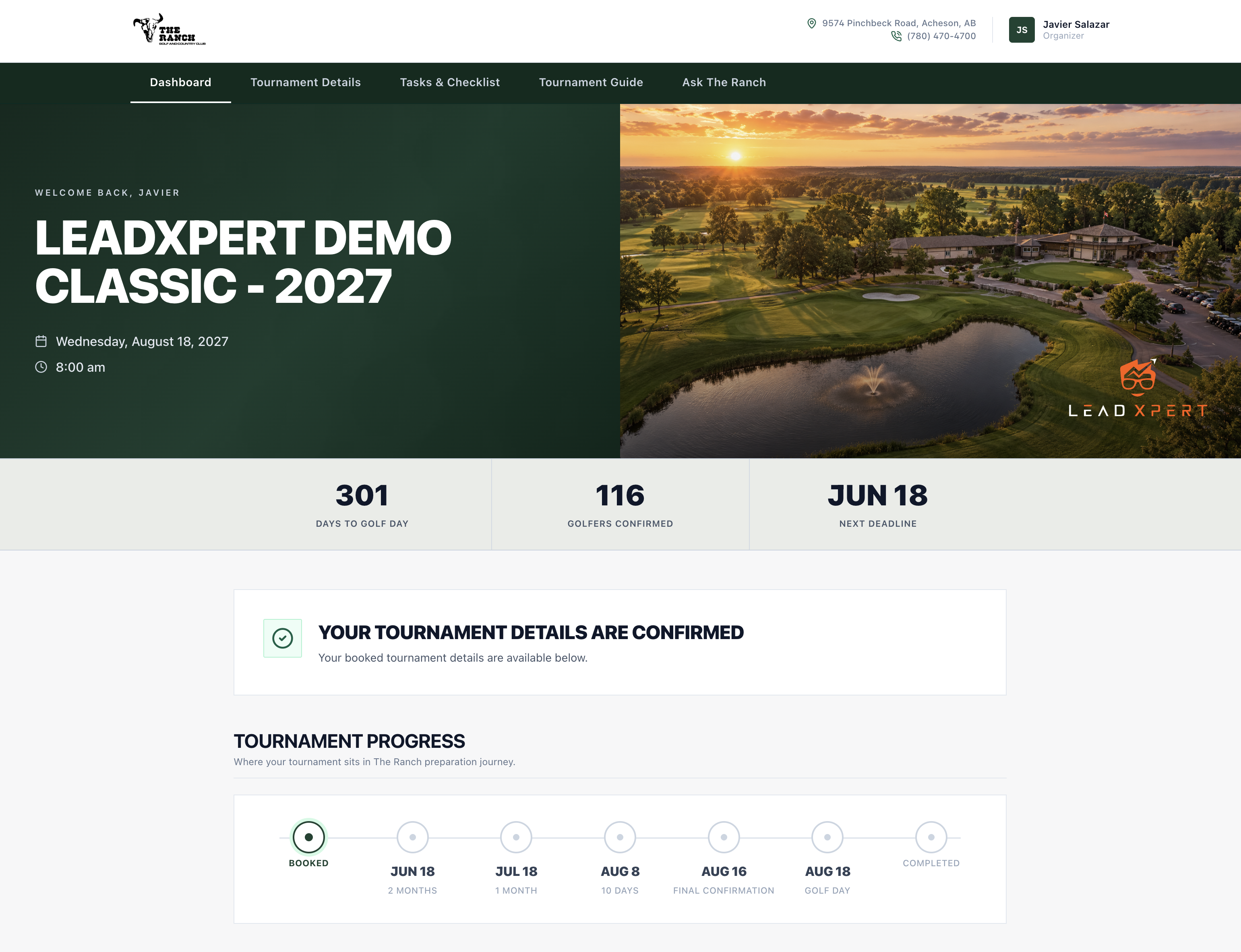 The Ranch Golf Club tournament organizer portal — LeadXpert Demo Classic dashboard and tournament progress tracking