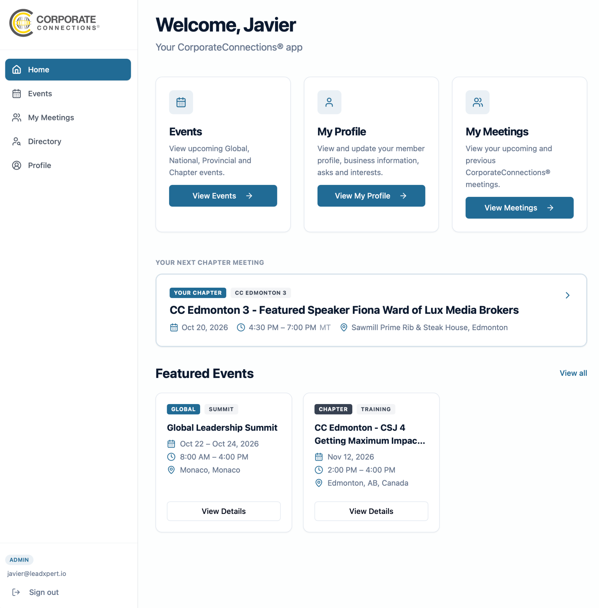 Corporate Connections Canada member portal interface showing events, meetings, and chapter directories