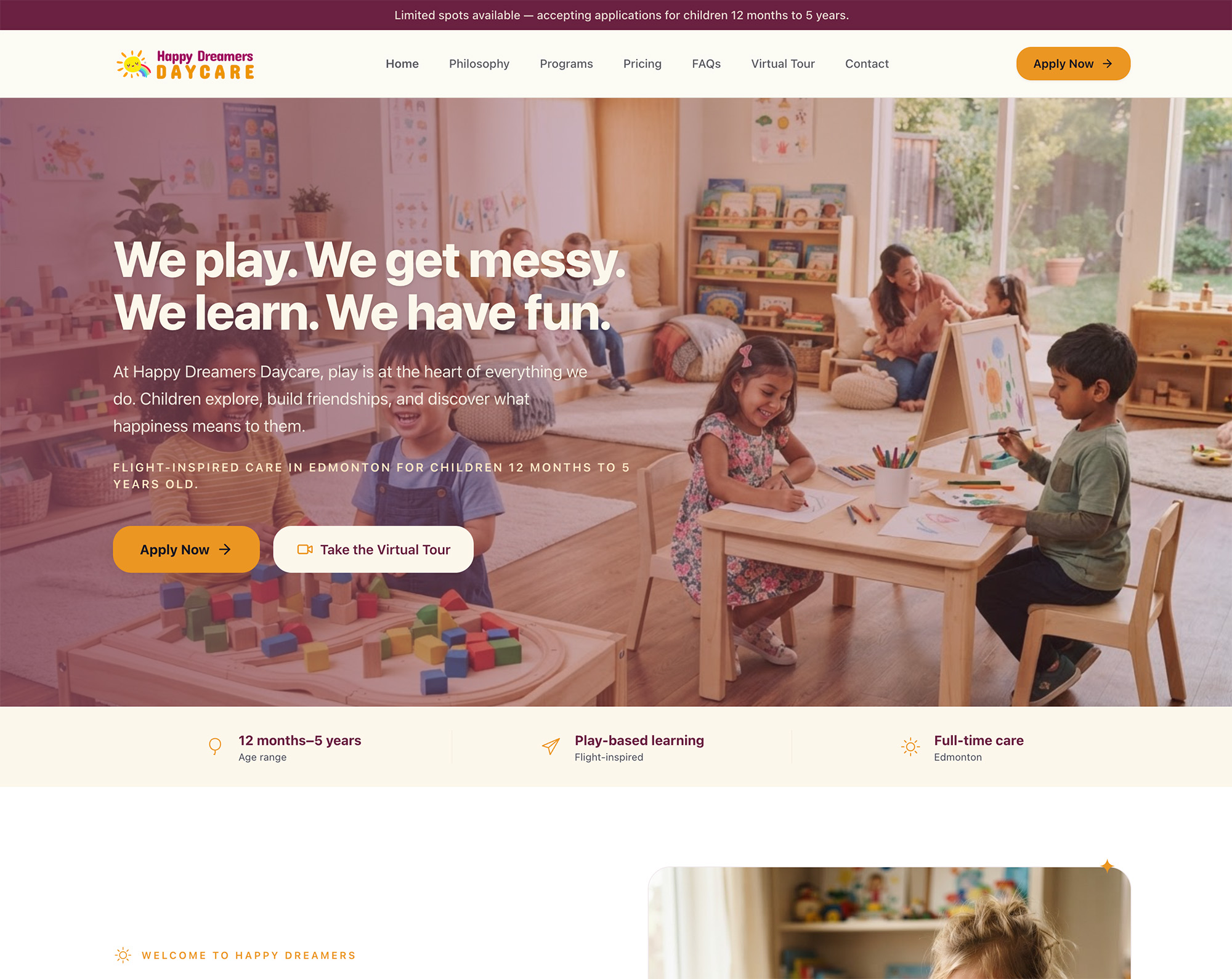 Happy Dreamers Daycare website — flight-inspired childcare in Edmonton