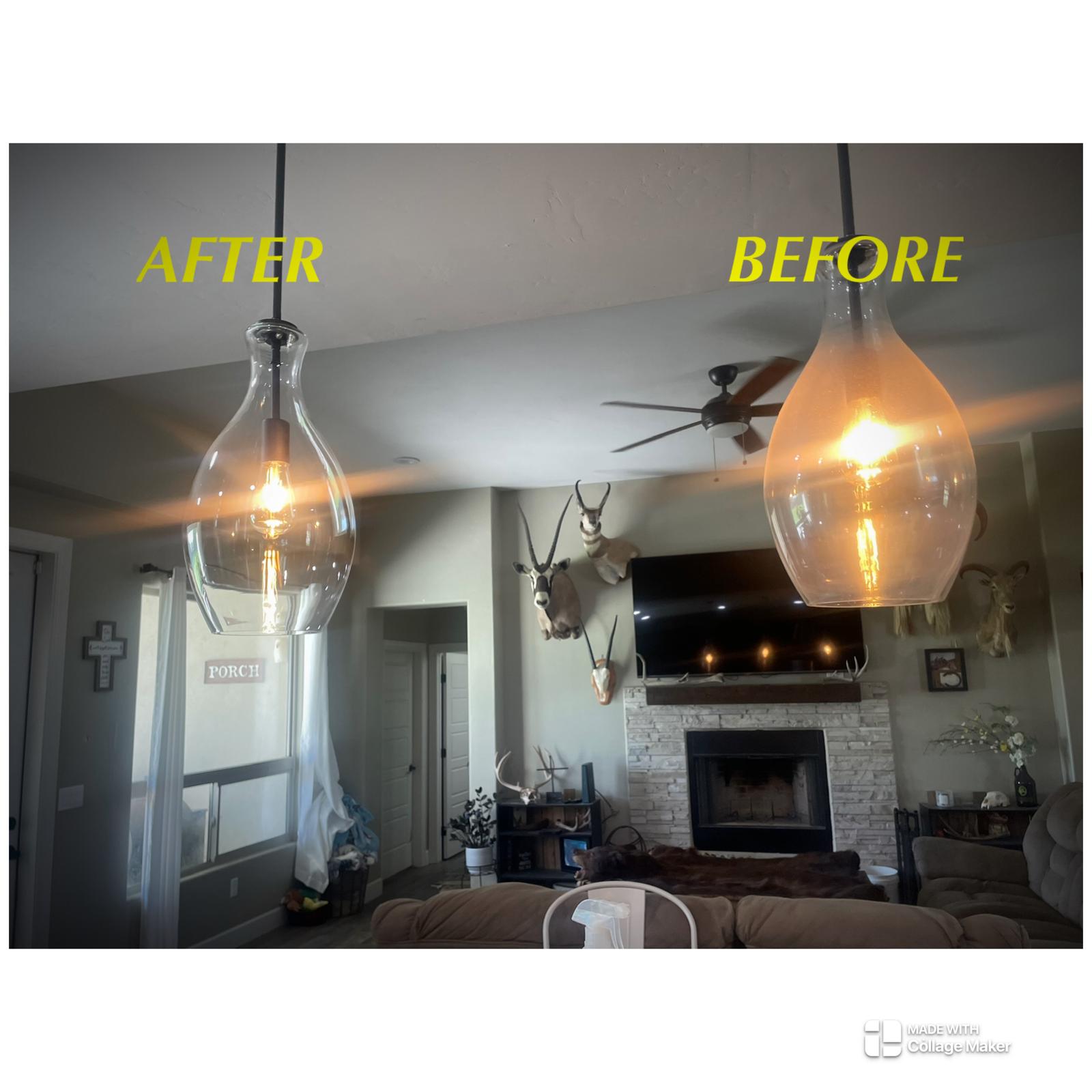 Before and after glass pendant light fixture dust removal by Adri's Cleaning Services in Hobbs NM