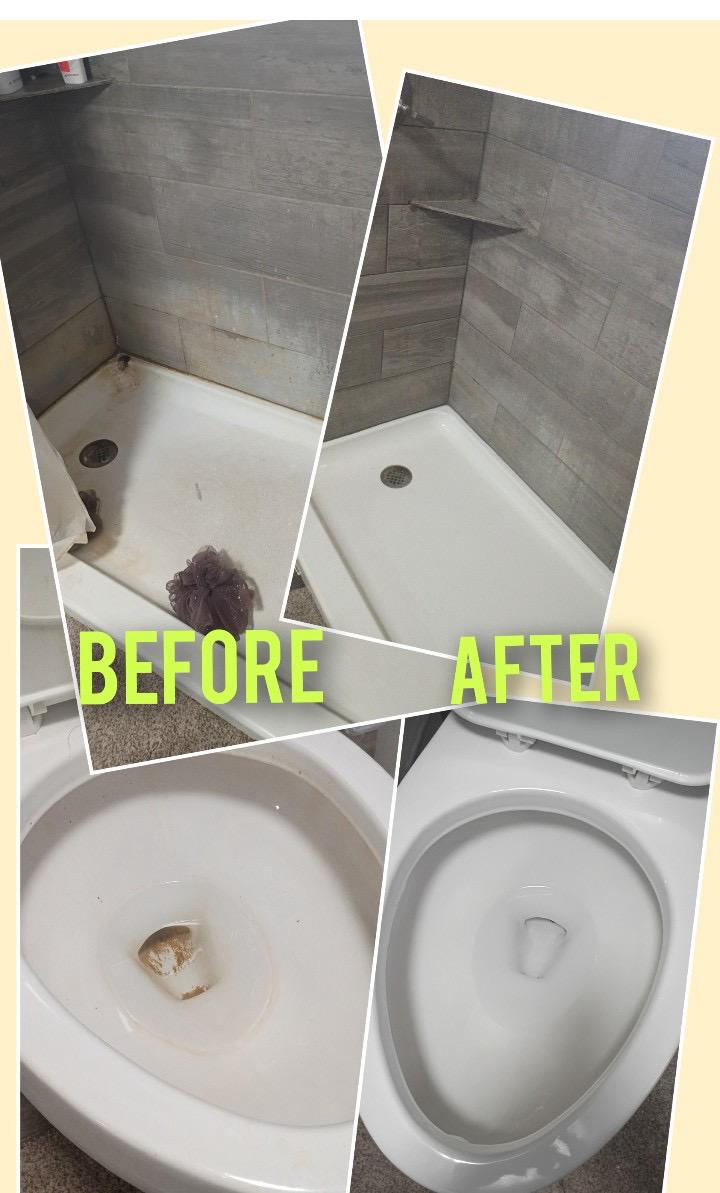 Before and after shower basin scrub and porcelain deep clean by Adri's Cleaning Services in Hobbs NM