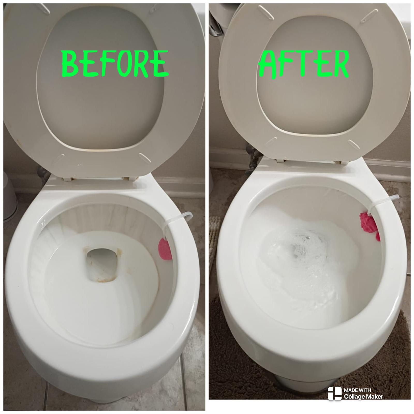 Before and after toilet deep clean and hard water stain removal by Adri's Cleaning Services in Hobbs NM