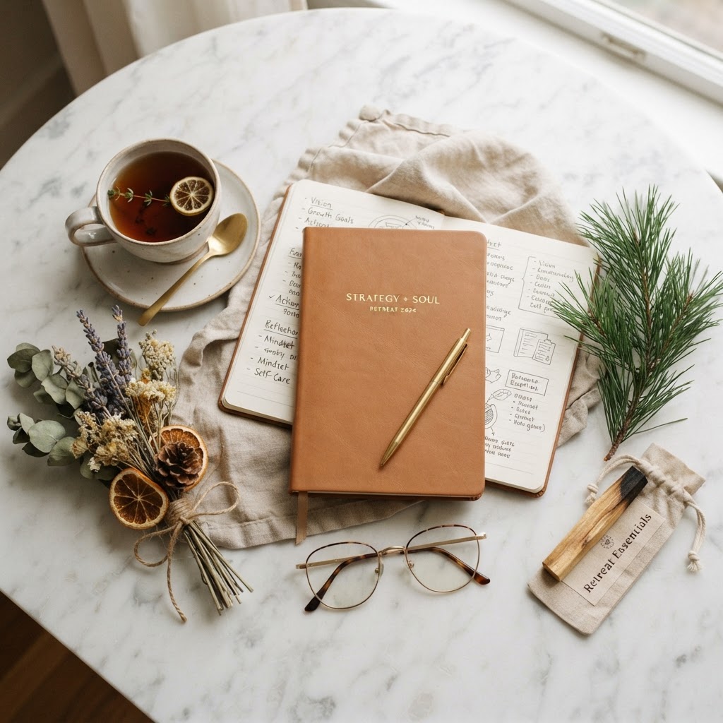 A still-life of a strategy retreat: journal, gold pen, tea, and botanicals on marble