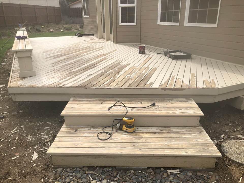 Deck orbital sanding and step preparation for exterior coating by Rivercrest Home Services LLC in Wenatchee WA