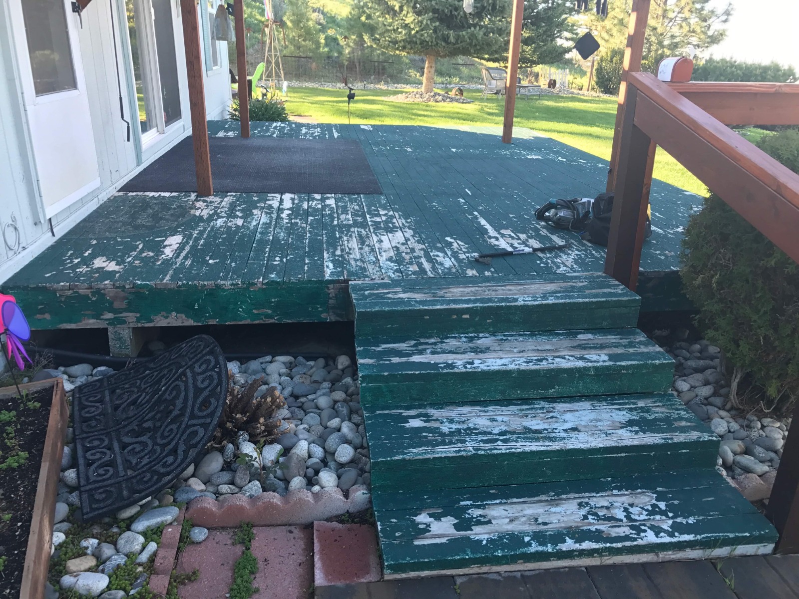 Weathered wood deck and steps prep before staining by Rivercrest Home Services LLC in Wenatchee WA