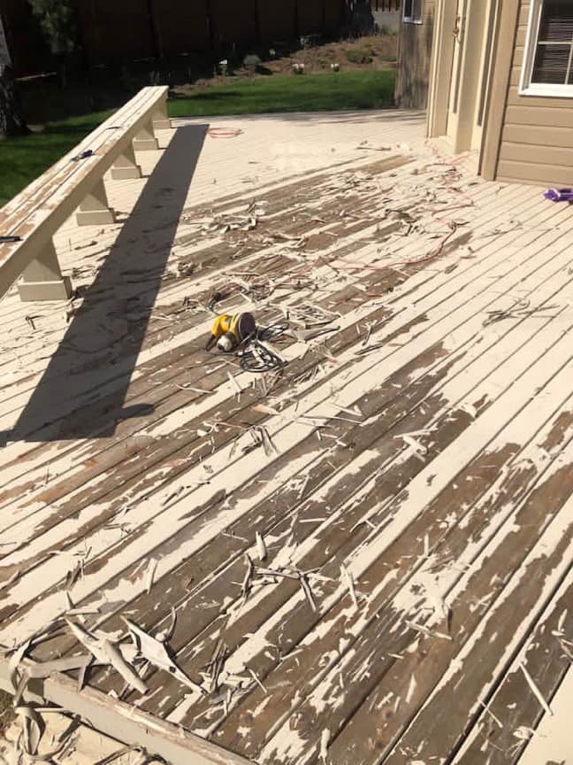 Deck surface mechanical sanding and paint removal by Rivercrest Home Services LLC in Wenatchee WA