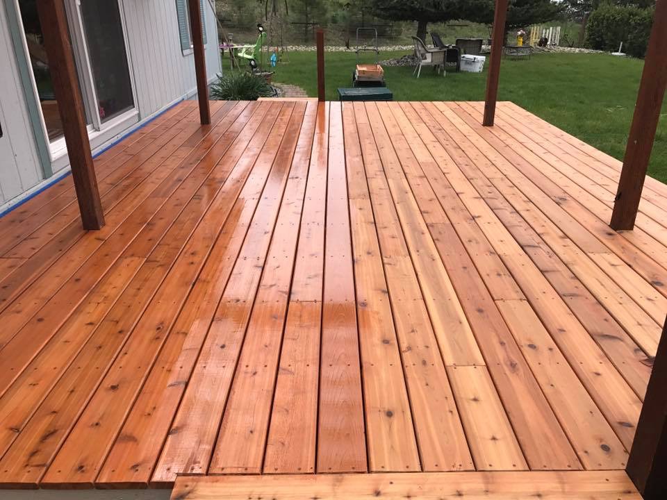 Rich penetrating cedar deck stain application by Rivercrest Home Services LLC in Wenatchee WA