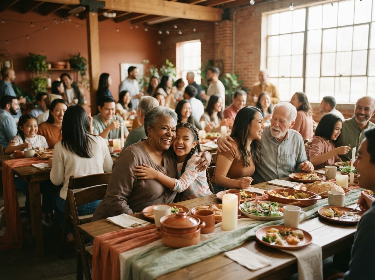 A welcoming faith community sharing a meal together in warm, golden-hour light