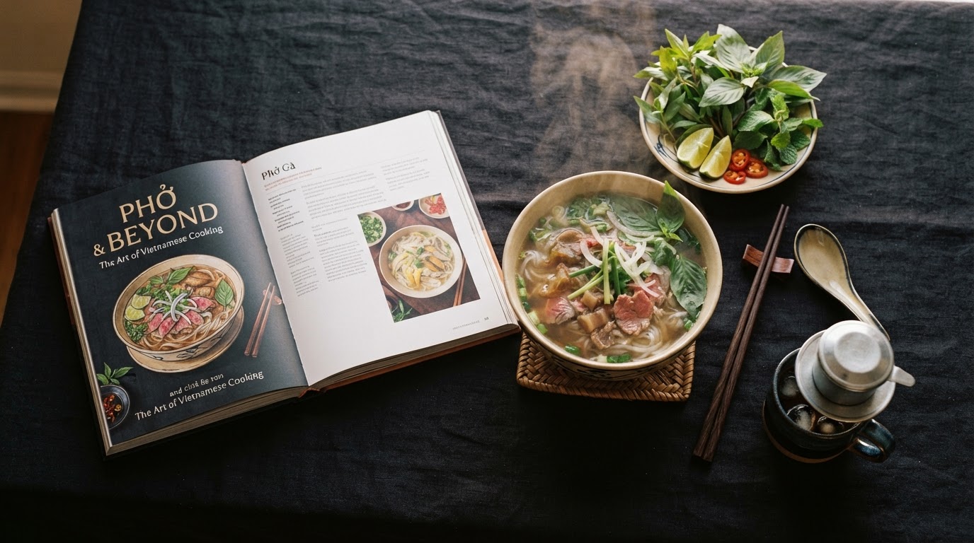 A Vietnamese cookbook beside a steaming bowl of pho on dark linen