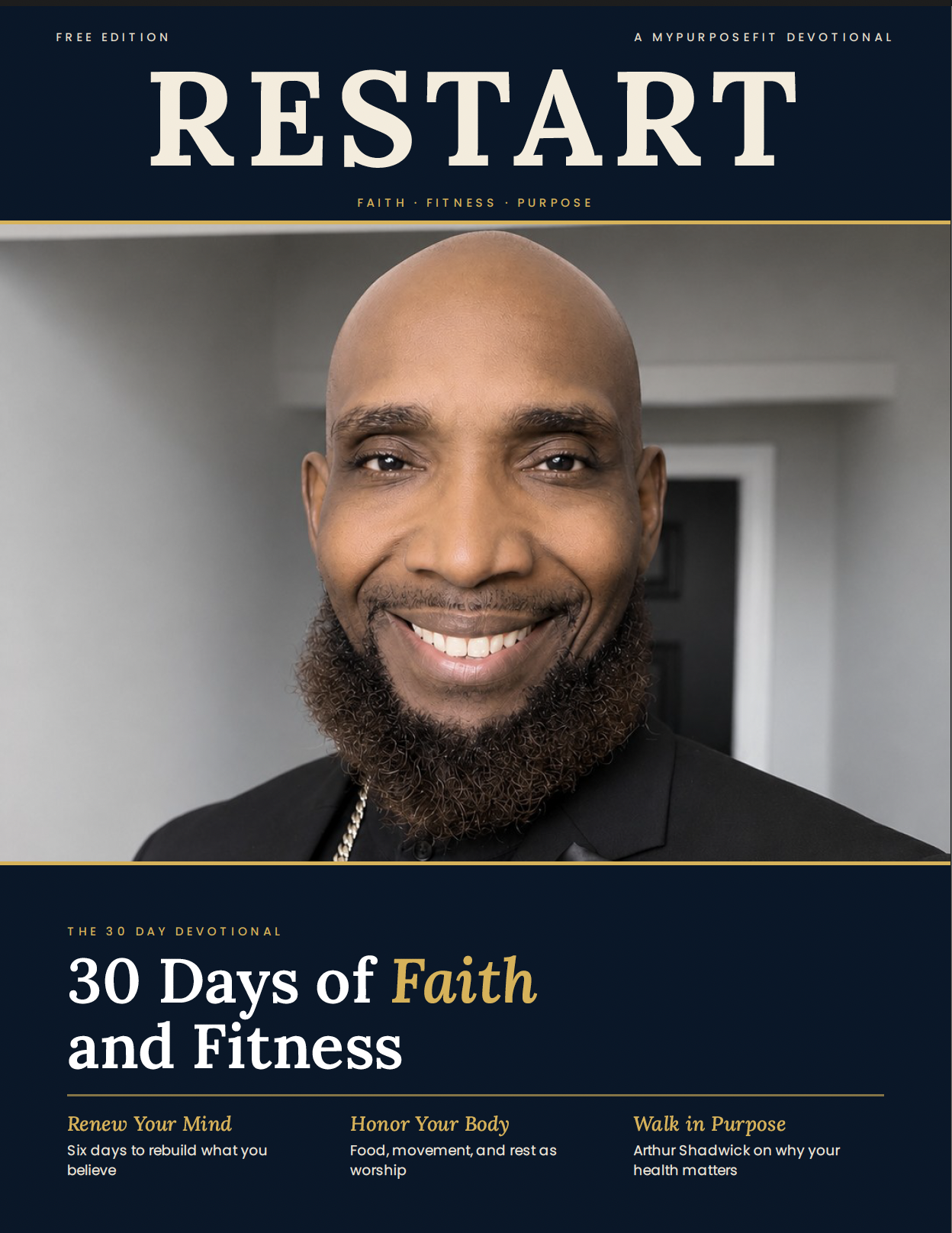 Official cover of the 30 Days of Faith and Fitness Devotional featuring Arthur Shadwick — MyPurposeFit Restart