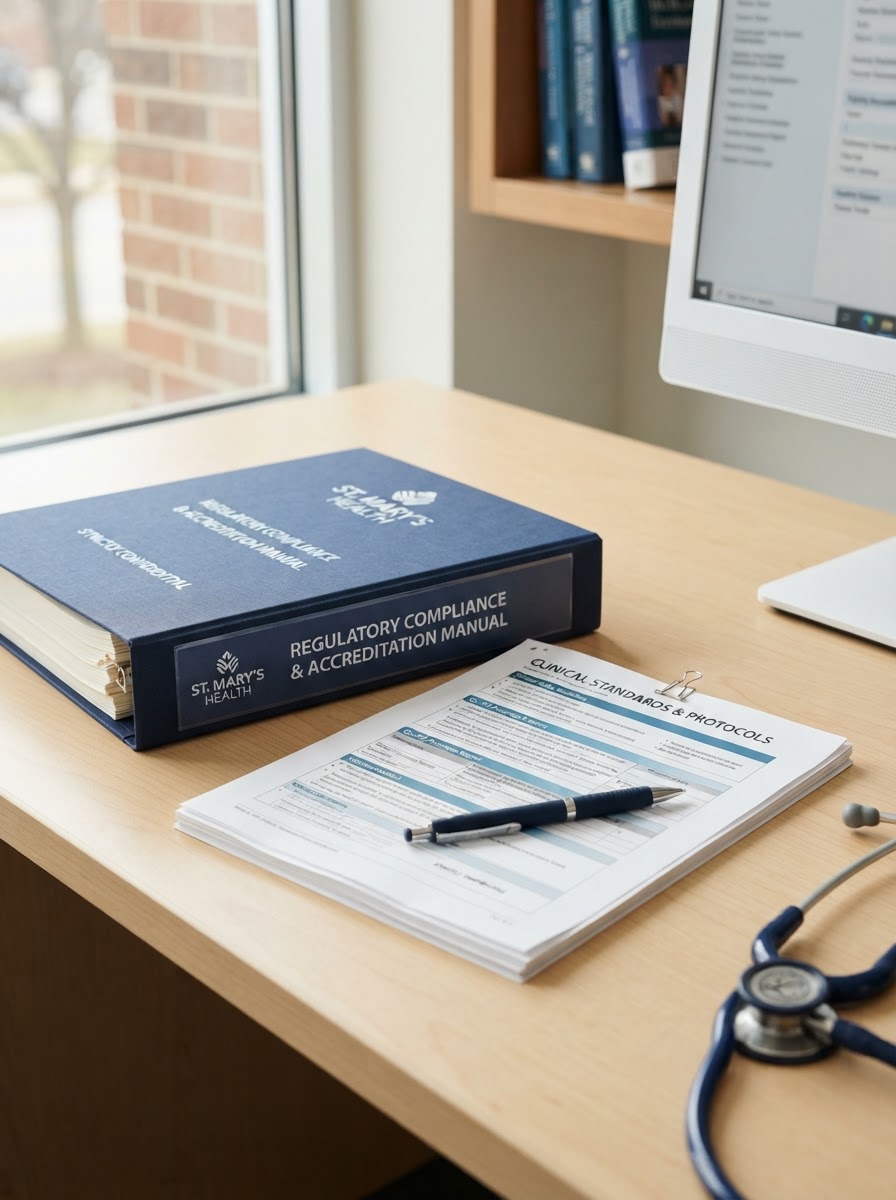 A compliance binder and printed standards on a desk with a pen and stethoscope