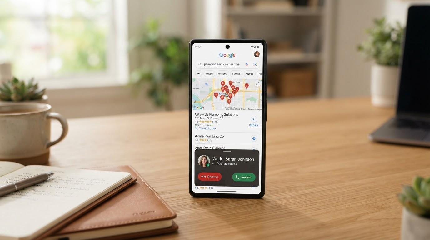 A smartphone on a desk showing Google search results with local business map listings and an incoming call notification