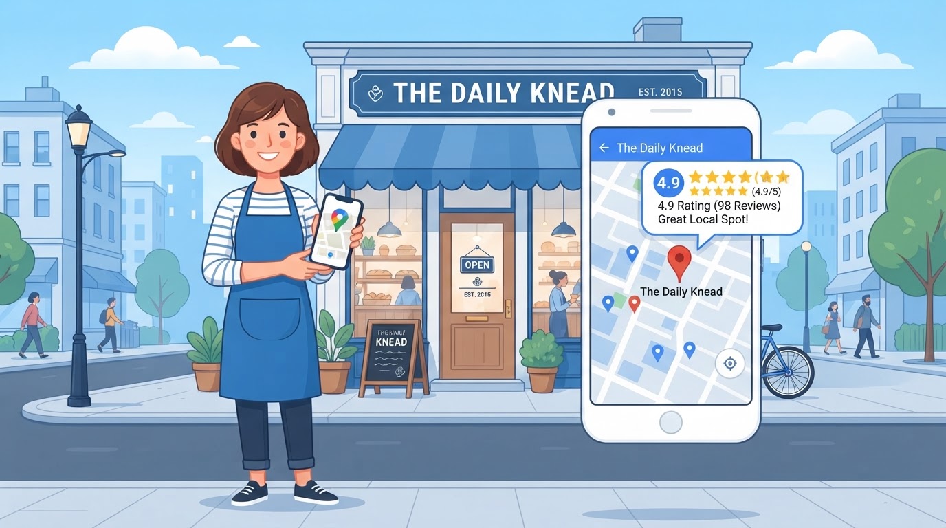 A small business owner holding a smartphone showing Google Maps with a red location pin and star rating for their business