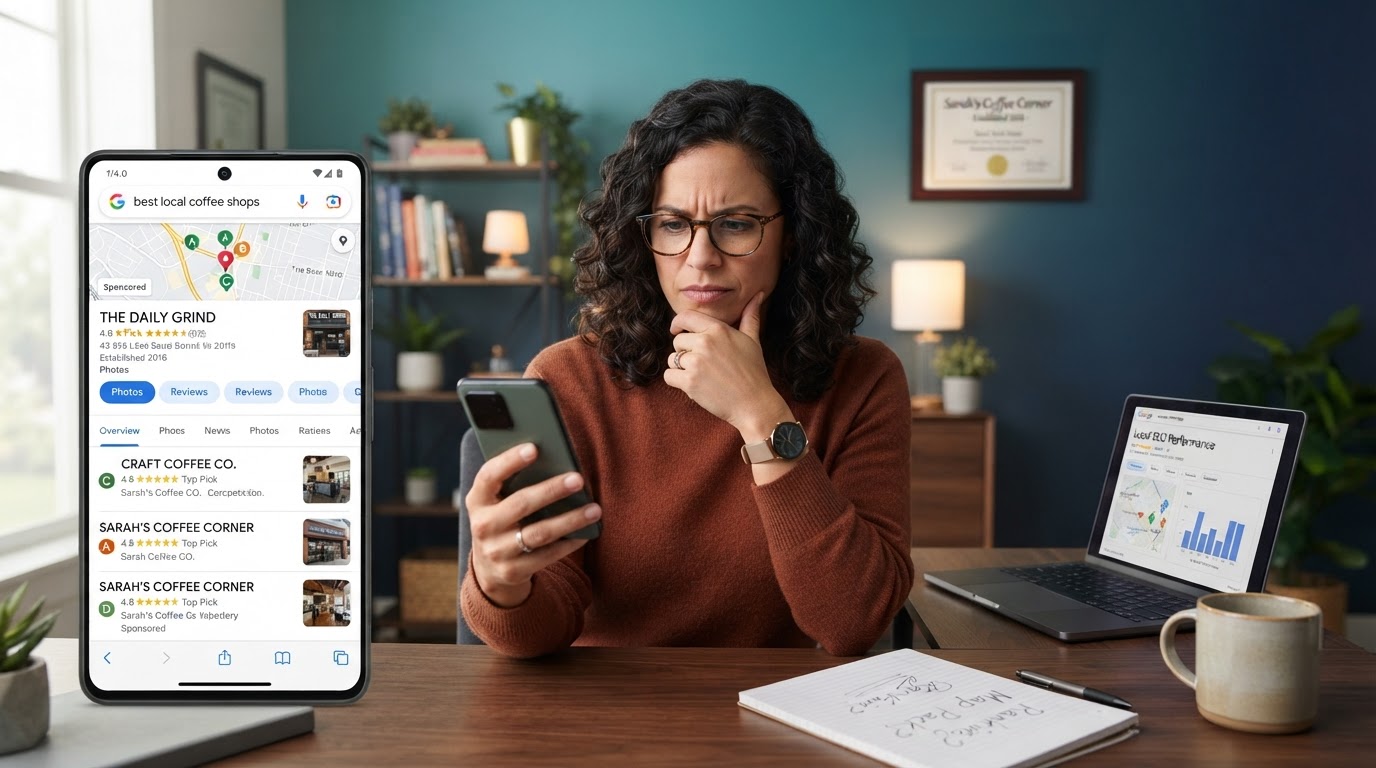 A small business owner looking at Google search results on a smartphone, seeing a competitor's listing ranked at the top of the local map pack