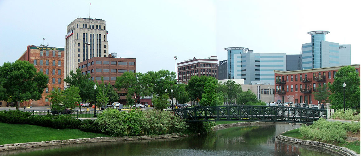 Downtown Kalamazoo, Michigan cityscape featuring historic brick buildings at golden hour