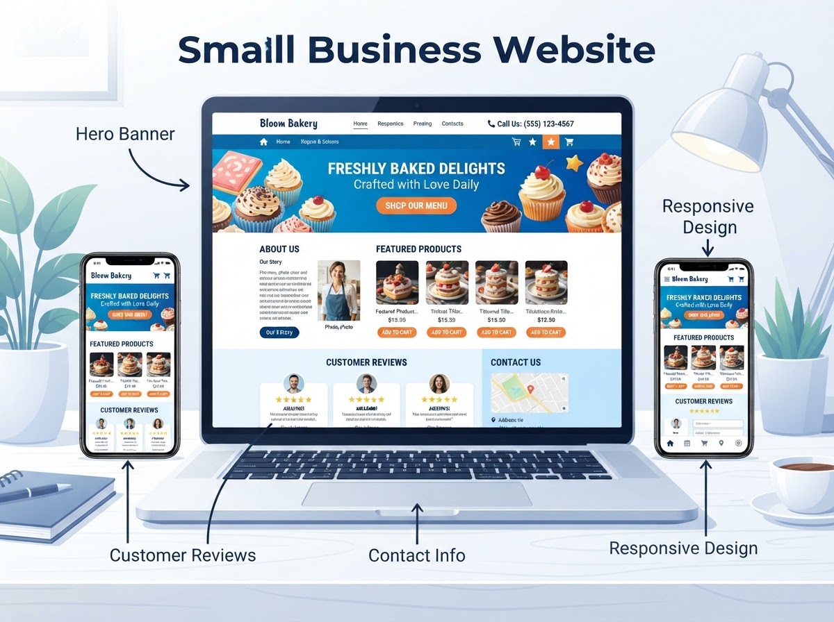 A well-structured small business website showing clear sections: hero banner with call-to-action, prominent phone number, customer reviews, and mobile-responsive layout